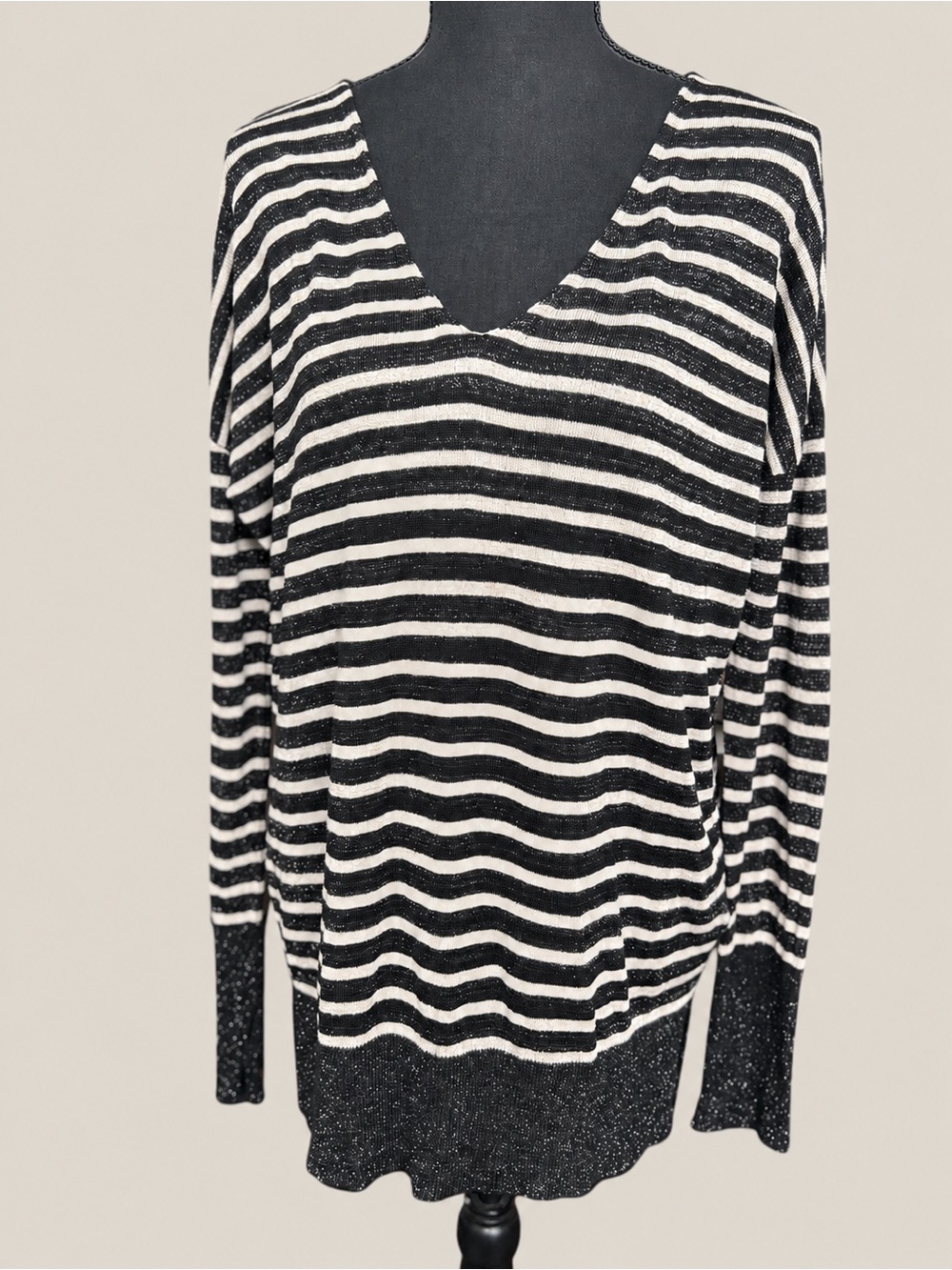 Joie Striped Shimmer V Neck Sweater Size L Black Cream Metallic
